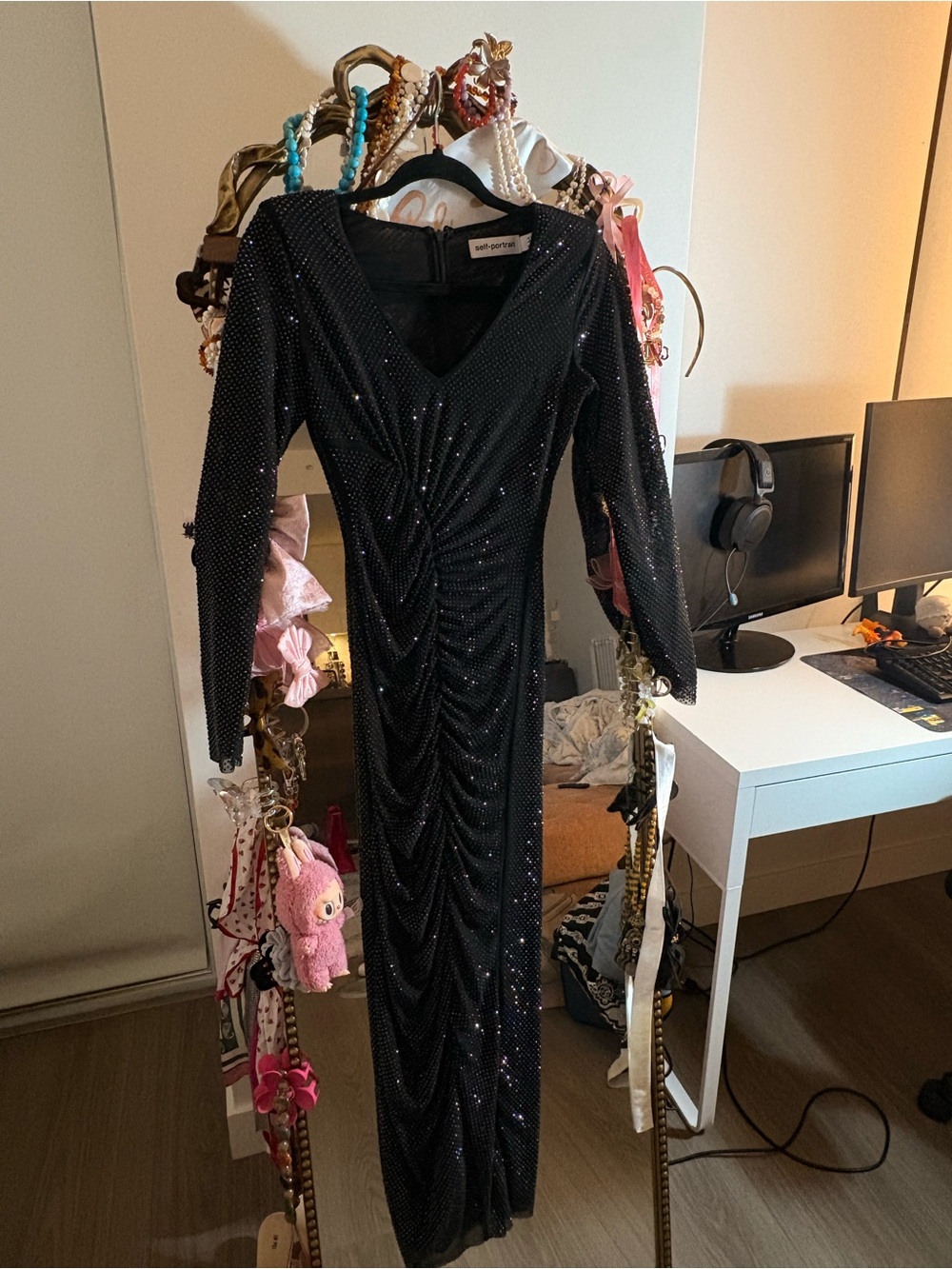 Self-Portrait Black Sparkle Long-Sleeve V-Neck Midi Dress